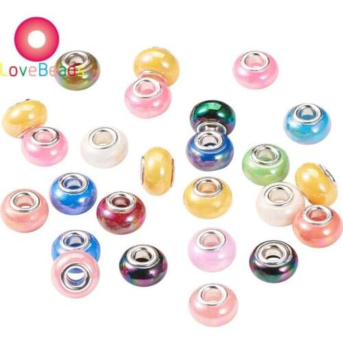 10Pcs Silver Plated Color AB Core Round Acrylic Resin Spacer Beads Fit European Charm Big Hole Loose Beads DIY Jewelry Making