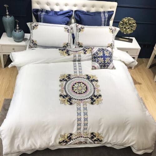100S blue Egyptian Cotton Embroidery Luxury Royal Bedding Set 4/6pcs King Queen Hotel Bed Sheet set Duvet cover Pillowcase white
