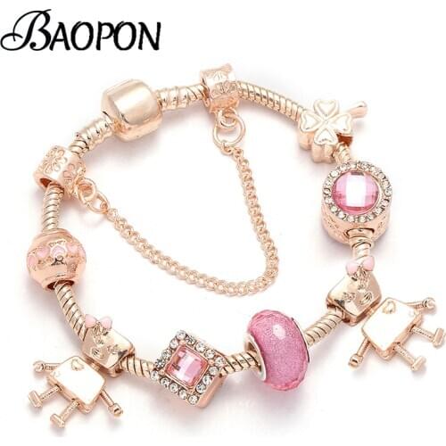 BAOPON Dropshipping European Style Vintage Silver Plated Crystal Charm Bracelet Women fit Original Fine Bracelet Jewelry Gift