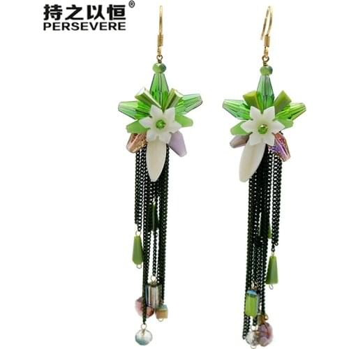 Boho ladies Shell Flower Crystal Beads Drop Long Tassle earrings For Women Handmade Elegant Bride Wedding party luxury Jewelry