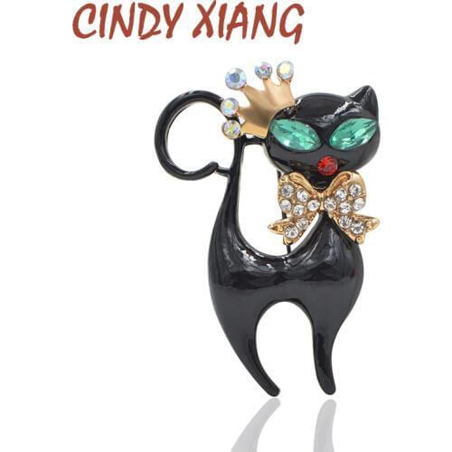 CINDY XIANG Balck Enamel Green Eyes Cat Brooches Unisex Cute Wear Bowknot Kitty Brooch Pin Fashion Jewelry Backpack Badges