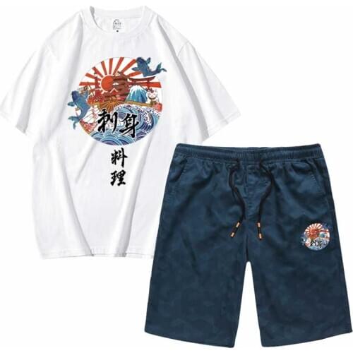 Mens Set Ukiyo Cat Tees and Shorts sportswear t shirts Short sleeved set 2 pcs casual hip hop top tees wholesale sport shorts