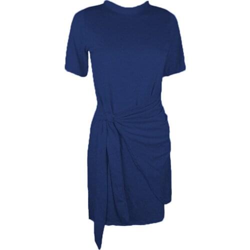 Womens Short Sleeve Dress Party Round Neck Pleated Bow Belt Irregular And Comfortable