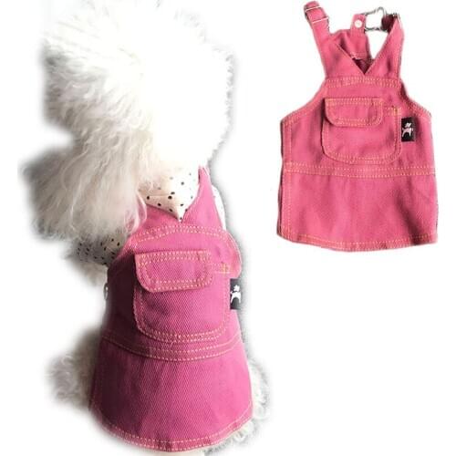 Pink Yellow Blue Dog Jeans Dress Solid Loose Strap Skirt With Pocket For Small Medium Dogs Chihuahua Denim Cloth Pets Clothing L