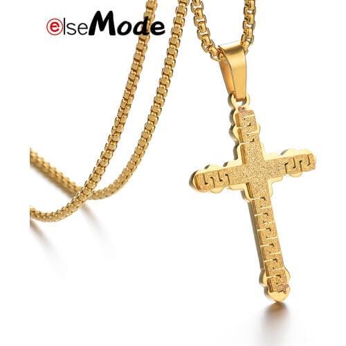 ELSEMODE Romantic Cross Jesus Women Jewelry Gold Matte Titanium Stainless Steel Christian Pendant Necklace for Valentines Day