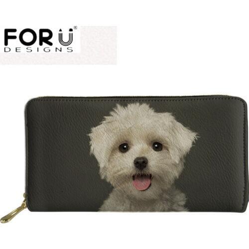 FORUDESIGNS Clutch Wallets Women Bichon Frise Dog Print 3D Leather Purses Brand Design Long Wallet for Ladies Money Storage Bags