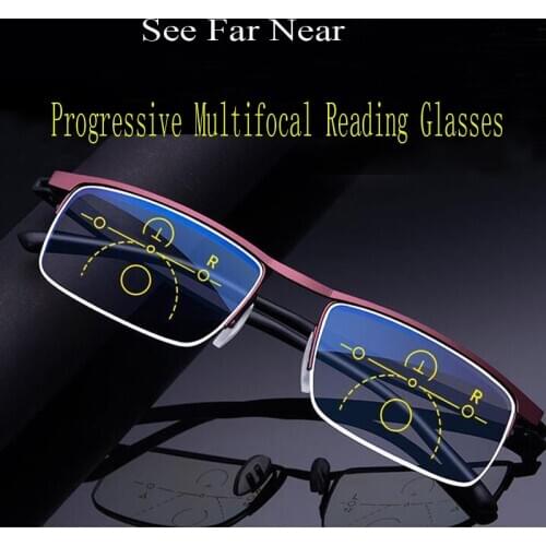 Hot Sale Progressive Reading Glasses Multifocal Anti Blue Ray Glass Glasses Half Frame Metal Alloy Men Women 1.5 1.0 2.5 Black