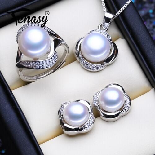 FENASY 925 Sterling Silver Jewelry Sets Natural Pearl Necklaces For Women Trendy Choker Pendant Stud Earrings Wedding Ring