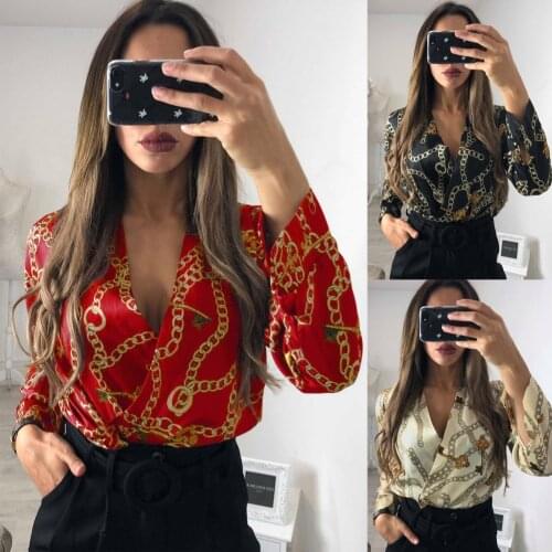 Women Ladies Sexy V Neck Long Sleeve Bandage Floral Tuxedo Wrap Over Satin Bodysuit Leotard Top Jumpsuit Romper