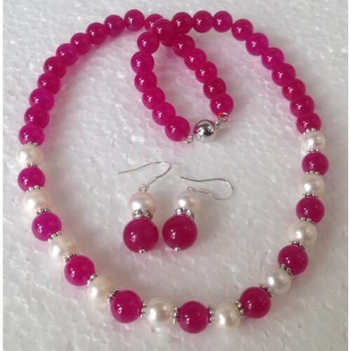 Prett Lovely Womens Wedding >Fashion 8-9MM Real White Akoya Cultured Pearl/Rose gem necklace earrings set Ms. jewelry