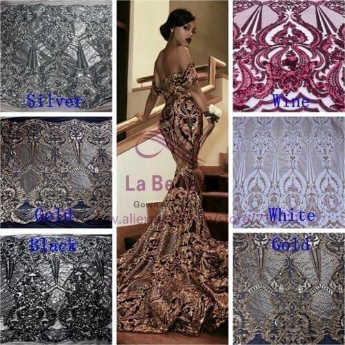La Belleza 1Yard Gold/white/black/silver//wine sequins on Stretch net evening/wedding dress lace fabric 51'' with