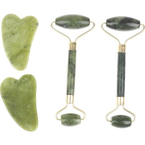 Natural Jade Massage Roller + Guasha Board SPA Scraper Stone Facial Massager Set