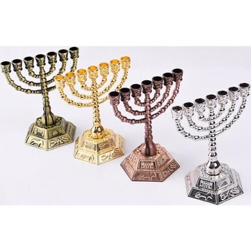 Metal Golden Lampstands Home Furnishing Alloy 7-head Candlestick Israeli Jewish Handic Menorahs Menorah Jewish Decoracion Israel