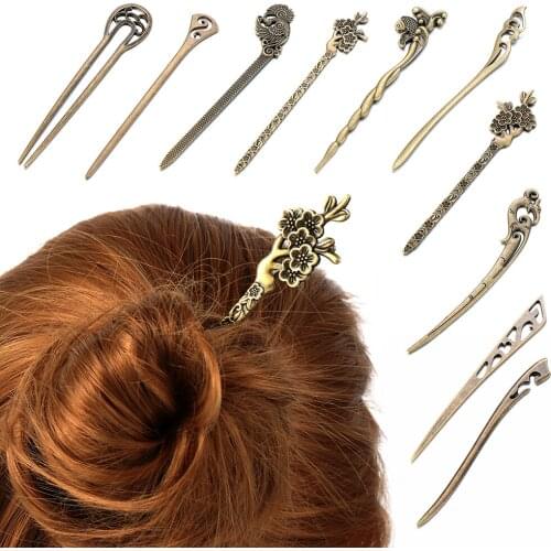 Fashion Bronze Vintage Hair Clip Hollow Out Carved Hair Fork Metallic Hair Stick Curved Hairpin Hair Accessories Styling Tools