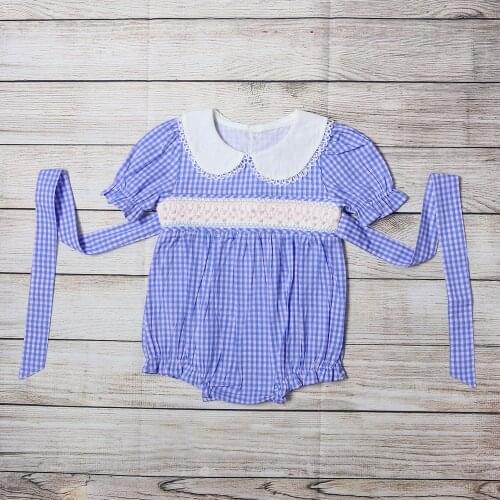Fashion Handwork Boutique Summer Girls Rompers Short Sleeve Blue And White Grid Baby Smocked Clothes