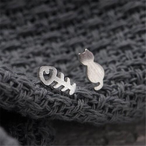 925 Sterling Silver Asymmetric Cat Fish Stud Earrings For Women GirlsWedding Jewelry eh254