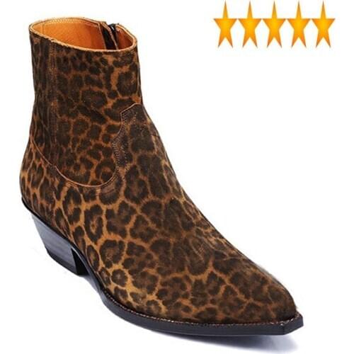 Men Runway Luxury Leopard Brand Printed Chelsea Pointed Toe Cow Suede Cowboy Ankle Boots 2021 Summer Dress Botas Plus Size