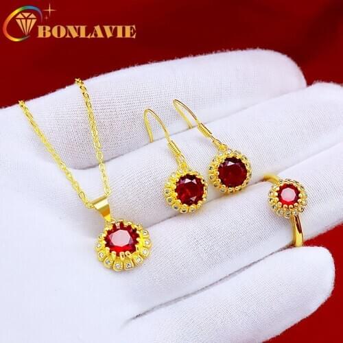 BONLAVIE Brass Gemstone Jewelry Set Vietnam Shajin Women Lady Ruby Micro-Set Zircon Sun Flower Ring Earring Necklace Set
