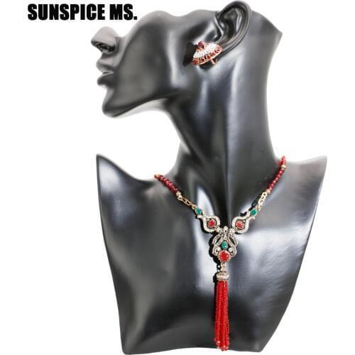 SUNSPICE MS Natural Stone African Beads Jewelry Set Women Ethnic Wedding Round Earrings Long Charm Chain Necklace Indian Bijoux