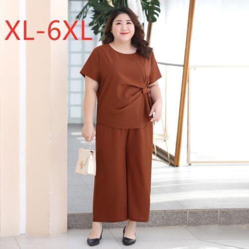 New 2021 summer plus size women short sleeve casual loose chiffon brown belt shirt and long pants two piece sets 3XL 4XL 5XL 6XL