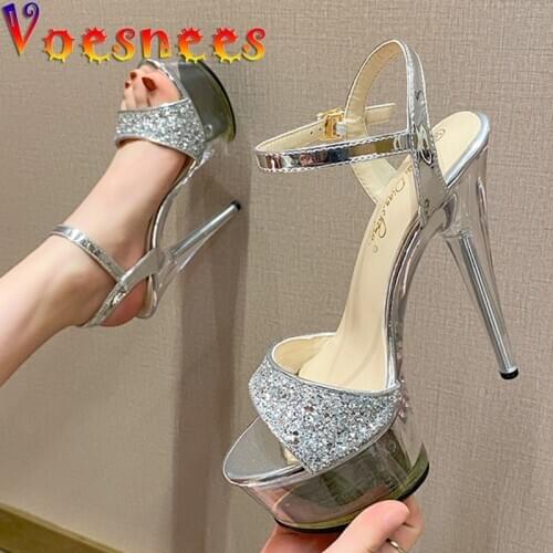 Voesnees 2021 New Diamonds Women Shoes Stripper Heels Sequined Cloth Thin Heels Bling Peep Toe Platform Sexy Catwalk Club Shoes