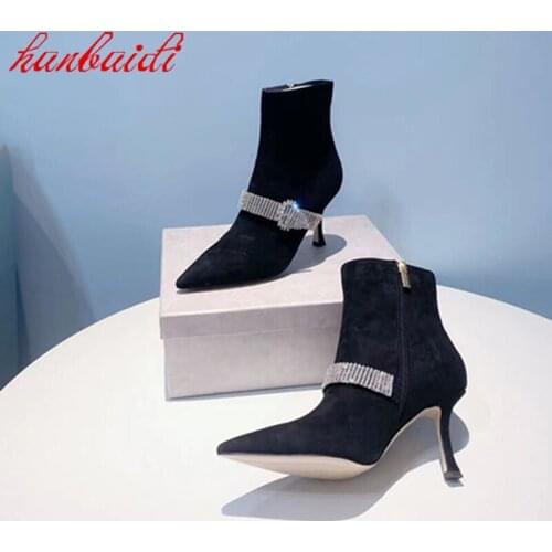 New Ladies Winter Boots Fashion Chain Decoration Boots Point Toe Wedding Shoes Kid Suede Thin Heels Boot Korean Style Short Boot
