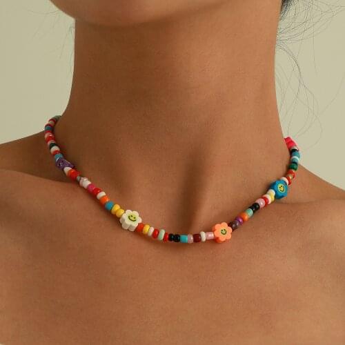 Resin Clay Flower Smile Face Rice Bead Necklace, Rainbow Seed Bead Necklace, Bohemian Jewelry Set,Women Holiday Jewelry