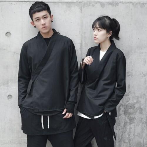 #4202 Spring Autumn Black Cardigan Long Japanese Kimono Jacket Men Loose Hip Hop Harajuku Kimono Coat Street Style Side Lace Up