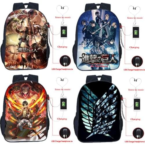 Attack on Titan Eren Printed USB Charge Rucksack Students School Bags Anime Pattern Backpack Laptop Knapsack For Men Women Teens