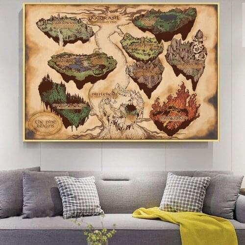 Norse Myth Nine Realms Map Thor Movie Posters And Prints Asgard And Midgard World Tree Picture On Wall Art Canvas Painting
