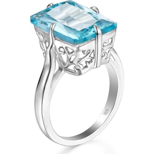 Szjinao Brand Womens Rings Gold Aquamarine Gemstone Ring Silver 925 Square Shape Prong Setting Engrave Fine Jewellery Anillos