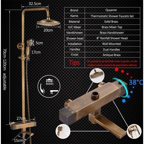 Vidric Vidric Antique Brass Thermostatic Shower Faucets Set Brass Rainfall Shower Mixer Tap Swivel Tub Spout Bathroom Shower Fa
