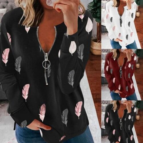Harajuku Fashion Women Half Zip Pullover Hoodie Feather Print Deep V Neck Sweatshirt Poleron 2021 Retro Big Size 4xl 5xl Hoodie
