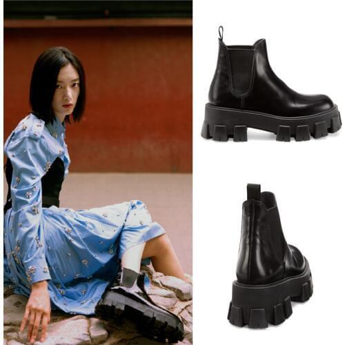 Platform Chelsea Boots Slip On Botas Mujer Punk Ankle Boots For Women Short Boots Genuine Leather Shoes Woman Zapatos De Mujer