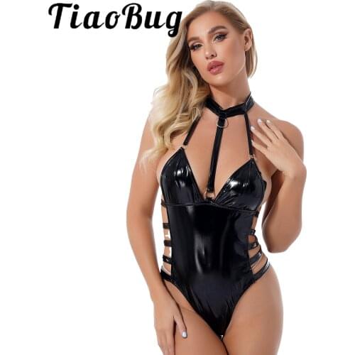 Womens Party Stage Show Costumes Halter Sleeveless Romper Wetlook Patent Leather Bodysuit Hollow Out Cutout Backless Leotard