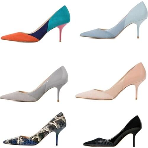 New Microfiber 7.5cm Womens Leopard Print High Heel Pump Mixed Color Female Single Pointed Toe Stiletto Office Work Shoes 2021
