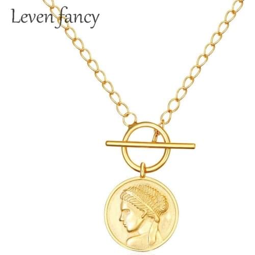 925 Sterling Silver OT Clasps Round Embossed Medal American Coin Pendant Necklace Golden Jewelry For Women 2019 Trendy Necklaces