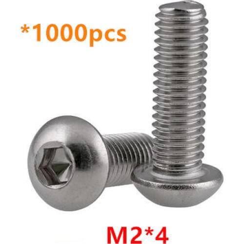 1000pcs M2*4 Hex Socket Button Head Screws A2-70 Stainless steel Round head Mushroom Bolts ISO7380