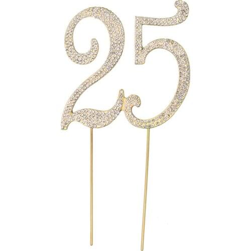 25th Crystal Rhinestones Decorative Cake Topper Cupcake Toppers for 25 Birthday Anniversary Party Decoration