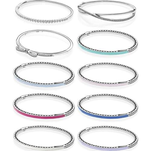 Fashion Jewelry S925 Sterling Silver Original Color Shining Hearts.Sparkling Bow Bracelet Romantic Gift Women