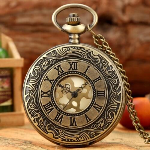 Antique Bronze Roman Numerals Display Hollow Hunter Necklace Pocket Watch Quartz Antique Pendant Chain Clock Gifts for Men Women
