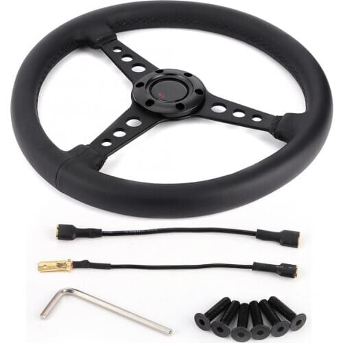 14in/350mm for MOMO Style 6-Bolt Black Leather Racing Steering Wheel Black Stitching with Horn Button Aluminum Alloy + Leather