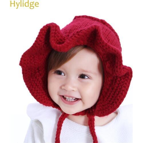 Hylidge Korean Style Baby Girl Boy Beanie Hat Ruffles Brim Toddler Girl Princess Hats Autumn Winter Warm Beanie Knit Cap Red