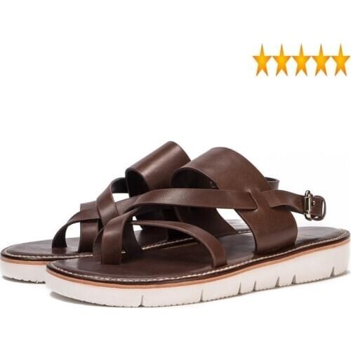 Leather Real Summer Handmade Men Retro Buckle Platform Sandals Breathable Rome Beach Shoes Sandalias Hombre Plus Size 45