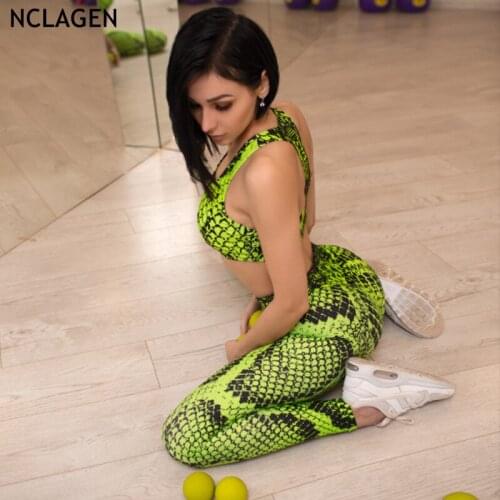 NCLAGEN Yoga Set Women Gym Sport Leggings High Waist Push-up Top Snake Print Elastic Workout Sportwear Running Fitness Suits