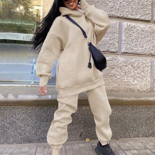 Two Piece Sets Casual Fleece Tracksuit Women Winter 2021 Womens Sets Oversized Hooded Long Sleeve Hoodie Sport Pant Lady Suit