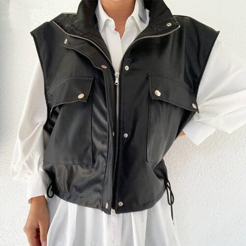 Fur Jacket Sleeveless 2021PU Leather Jacket Vest Women Black Zipper Autumn Winter Khaki Pocket Casual Coat Short Loose Waistcoat
