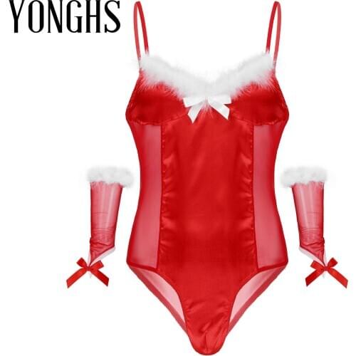Mens Lingerie Sissy See-through Bodysuit Mesh Satin Christmas Cosplay Costumes Feather Trimming Jumpsuit Leotard with Oversleeve