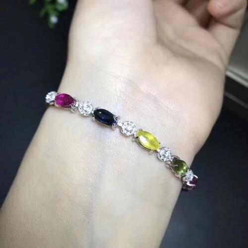 Natural Multicolor tourmaline Fashion round rhombic Bracelet Natural gemstone Bracelet S925 silver women party gift Jewelery