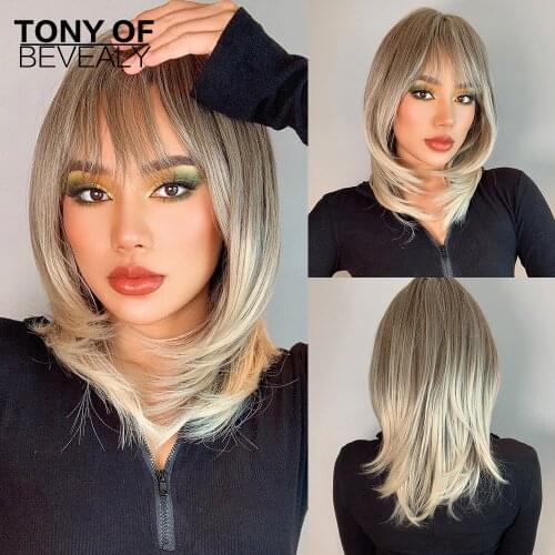 Medium Length Layered Wavy Light Brown to Blonde Ombre Hair Wigs With Bangs Heat Resistant Synthetic Wigs For Women Cosplay Wigs